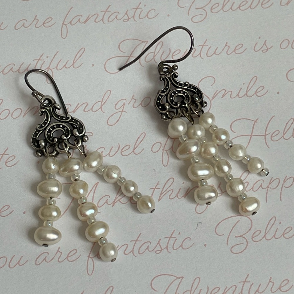 Freshwater Pearl Drop Chandelier Sterling Pierced Dangle Earrings